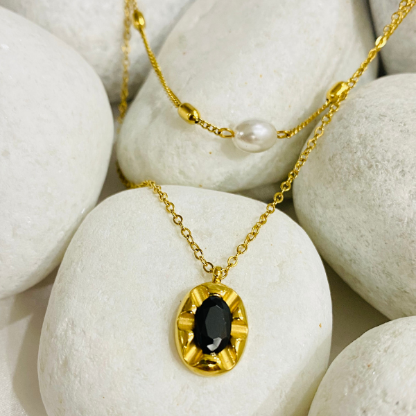 Stylish Golden Dual Chain with Black Center Pendant (Anti-Tarnish)