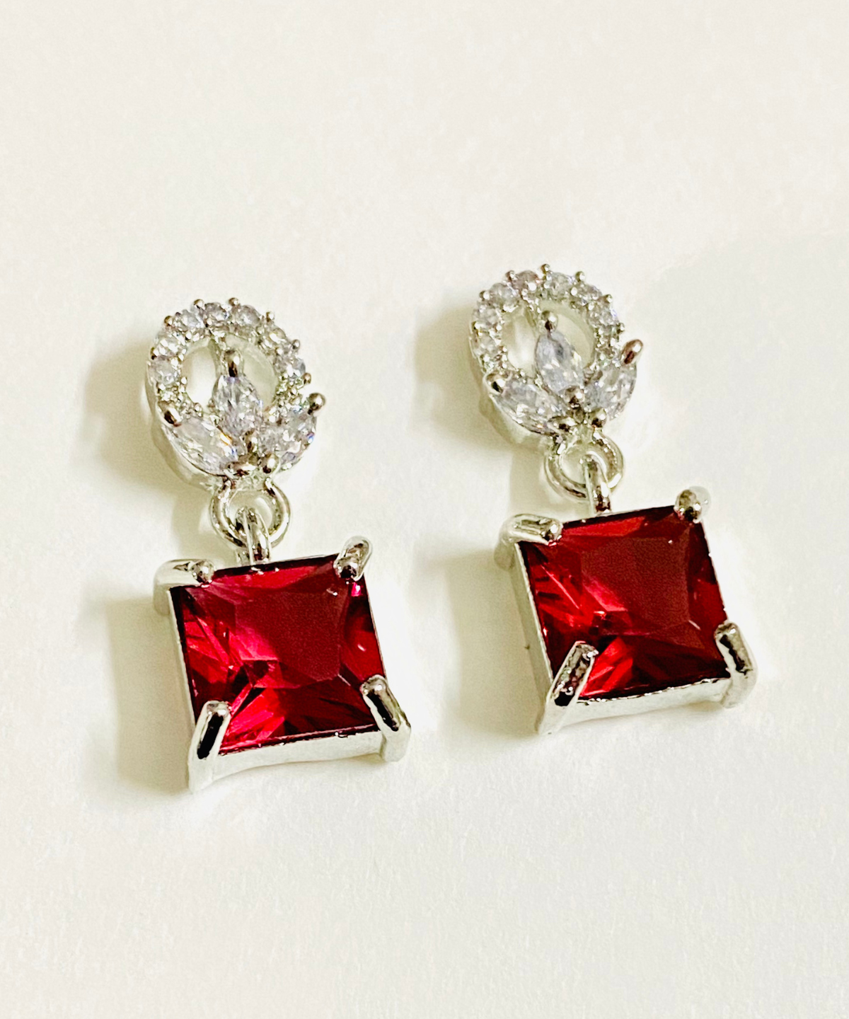 Emerald-Cut Red American Diamond Dangle Earrings